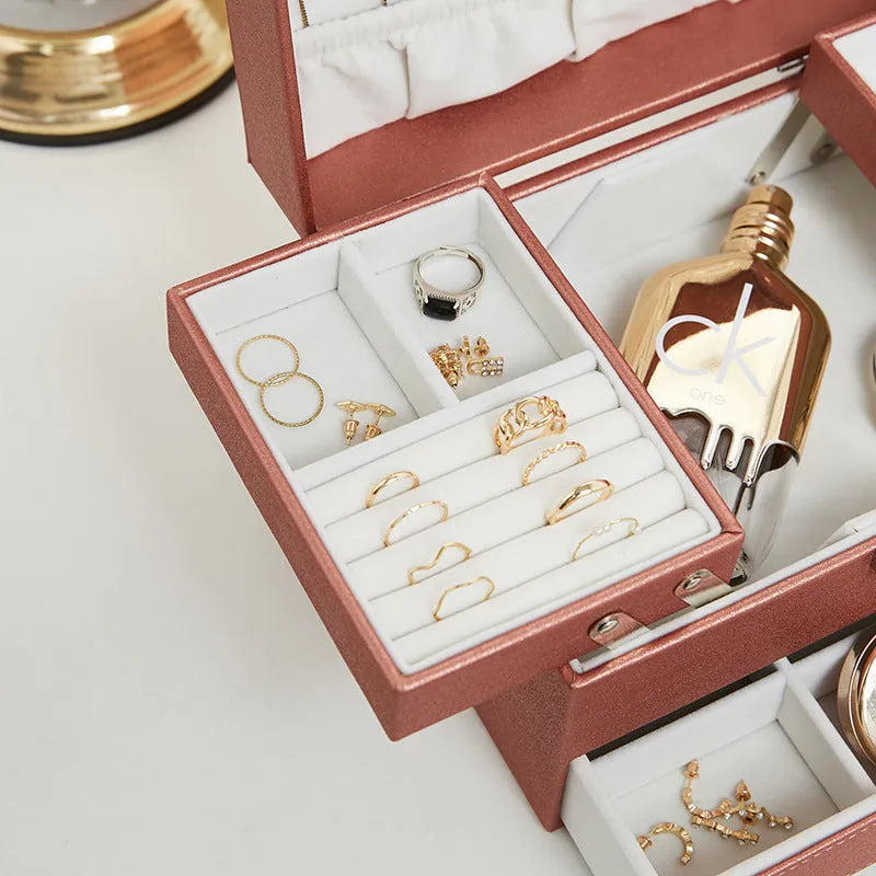 Hard PU leather jewelry storage box in a choice of four solid colours.