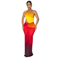 Women's gradient colour cross-shoulder sleeveless dress with a high-waisted long skirt.