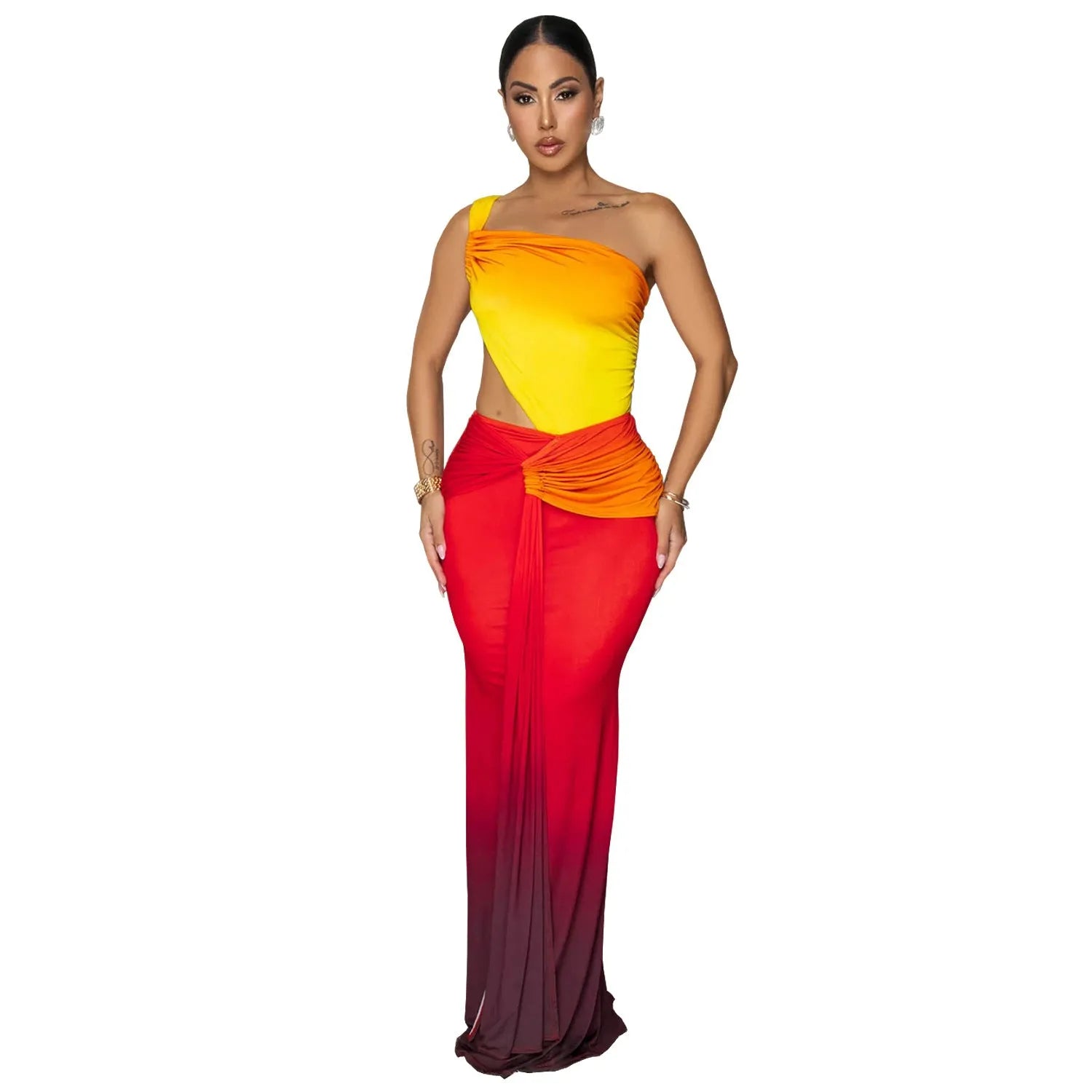 Women's gradient colour cross-shoulder sleeveless dress with a high-waisted long skirt.