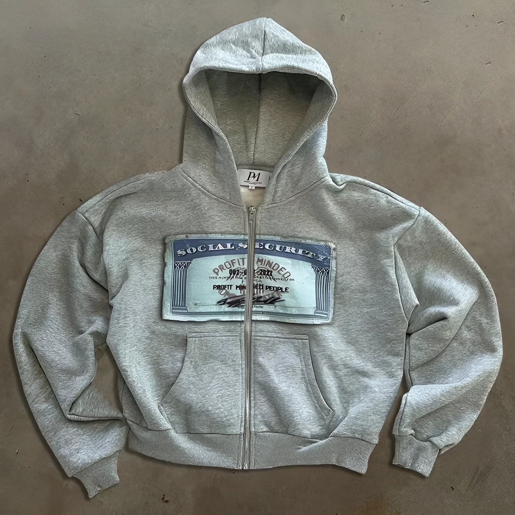 Black loose-fit hoodie zipper jacket with letter pattern and zipper pockets laid flat.