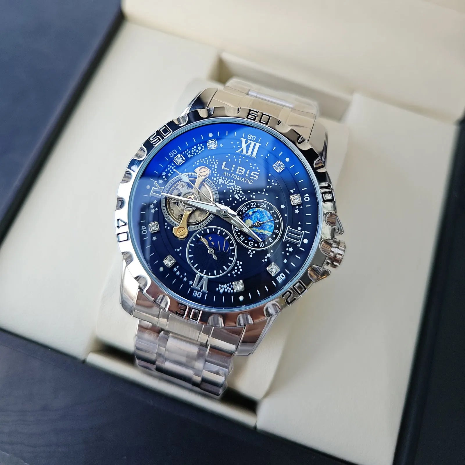 Men's silver case automatic mechanical watch with black genuine leather strap and luminous waterproof features