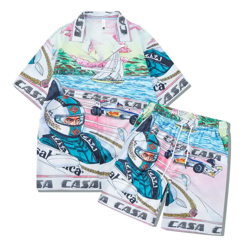 Men's plaid print beach outfit set with short sleeve shirt and pants on a hanger.
