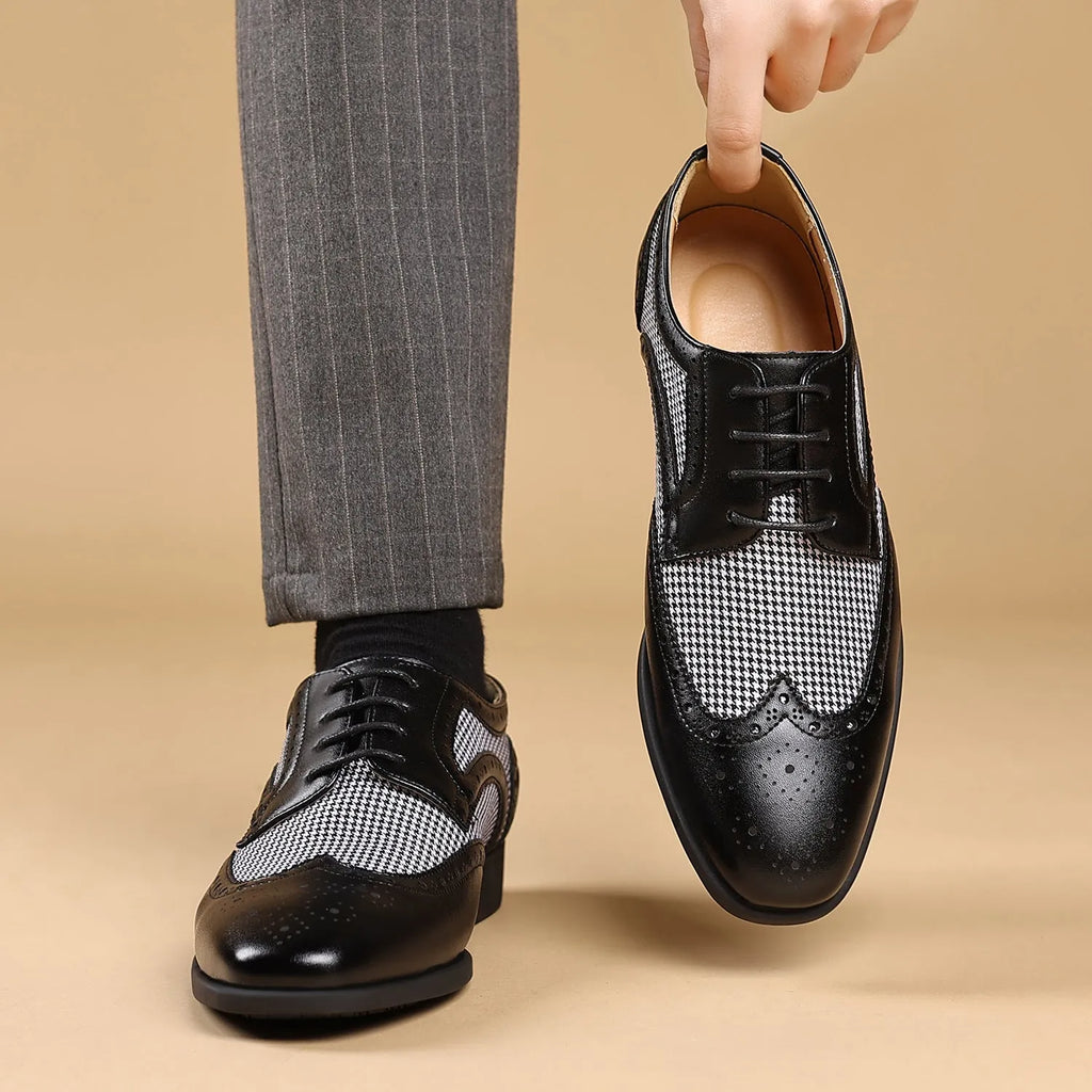 Men's black houndstooth plaid casual shoes with square toe and lace-up front.