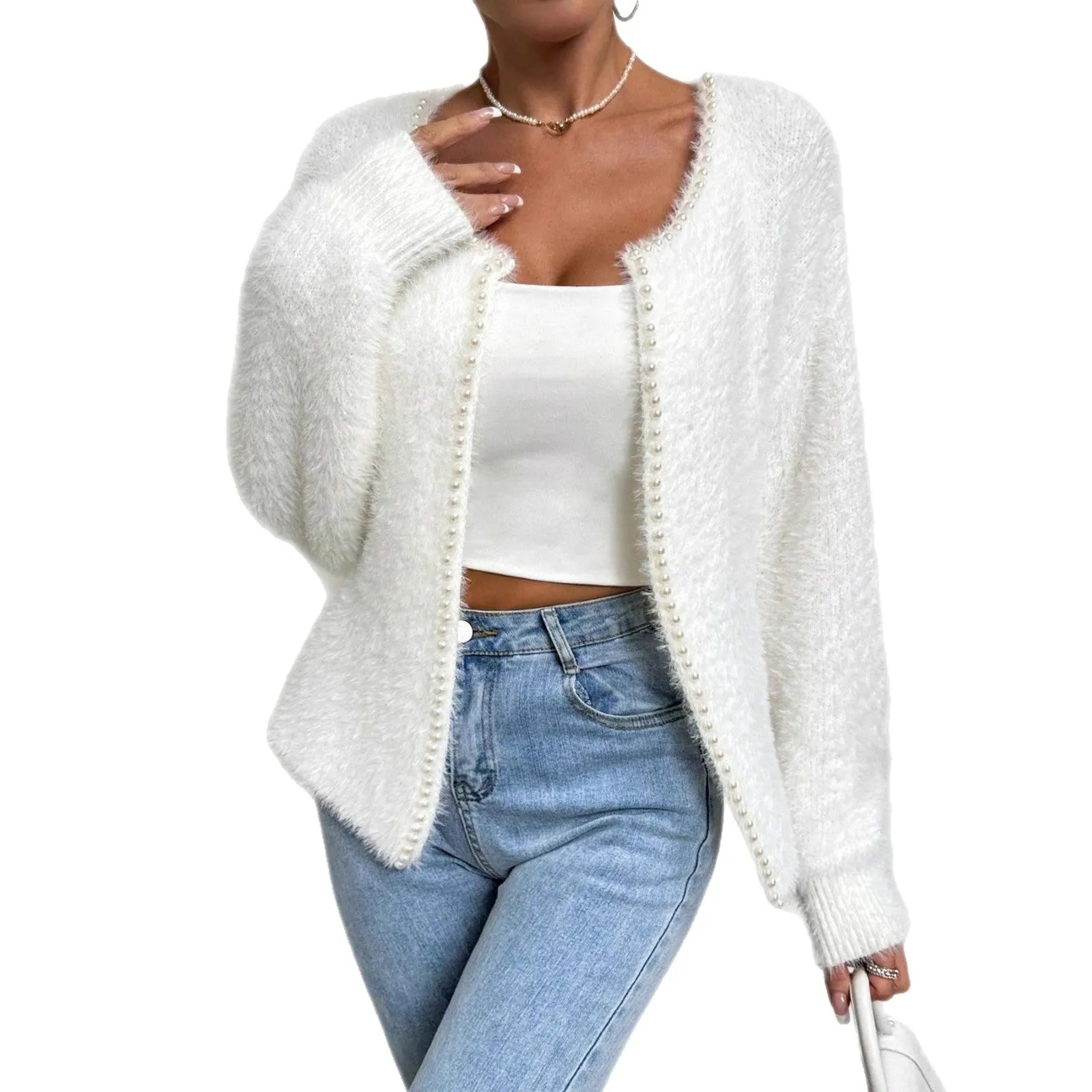 White women's V-neck cardigan sweater with bead knit texture on a hanger.