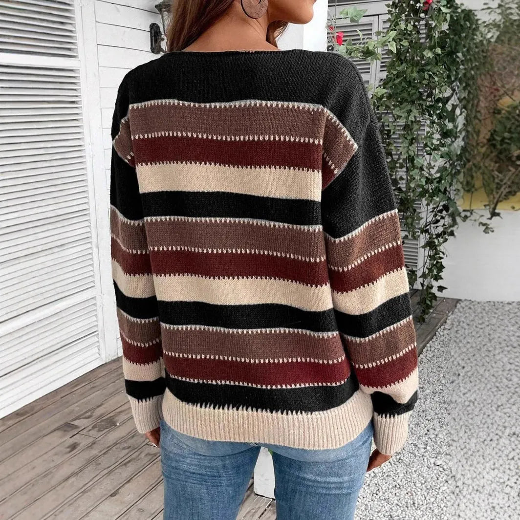 Women's colourblock striped long sleeve polyester pullover sweater in black, blue, and grey.