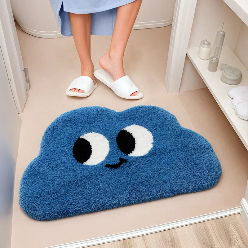 Cartoon big eye clouds patterned bathroom mat in imitation cashmere polyester, shown in bubur little green colour.