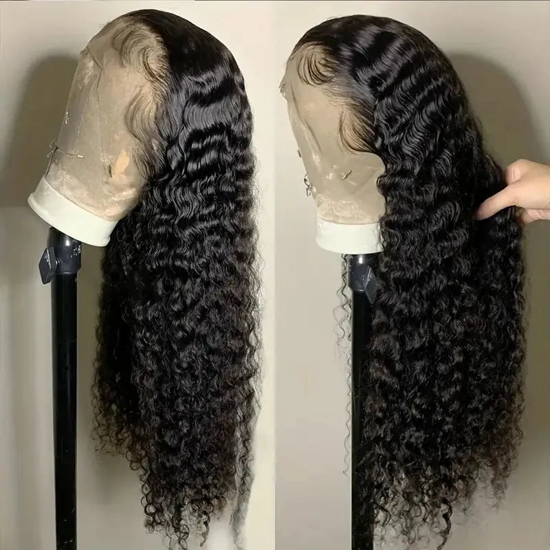 Black long curly Afro lace wig made from high-temperature fibre, shown with side bangs.