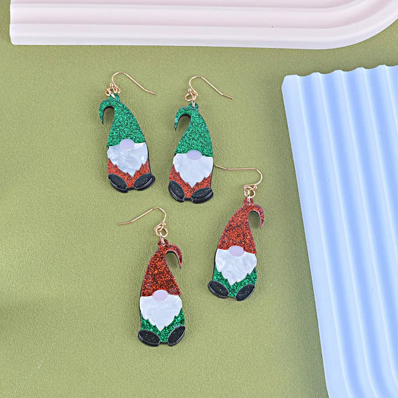 Santa Claus character acrylic earrings in green, red, and red-green hat colour variations