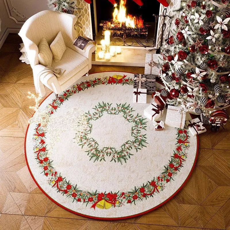 Round red and green Christmas themed non-slip polyester floor mat on a living room floor.