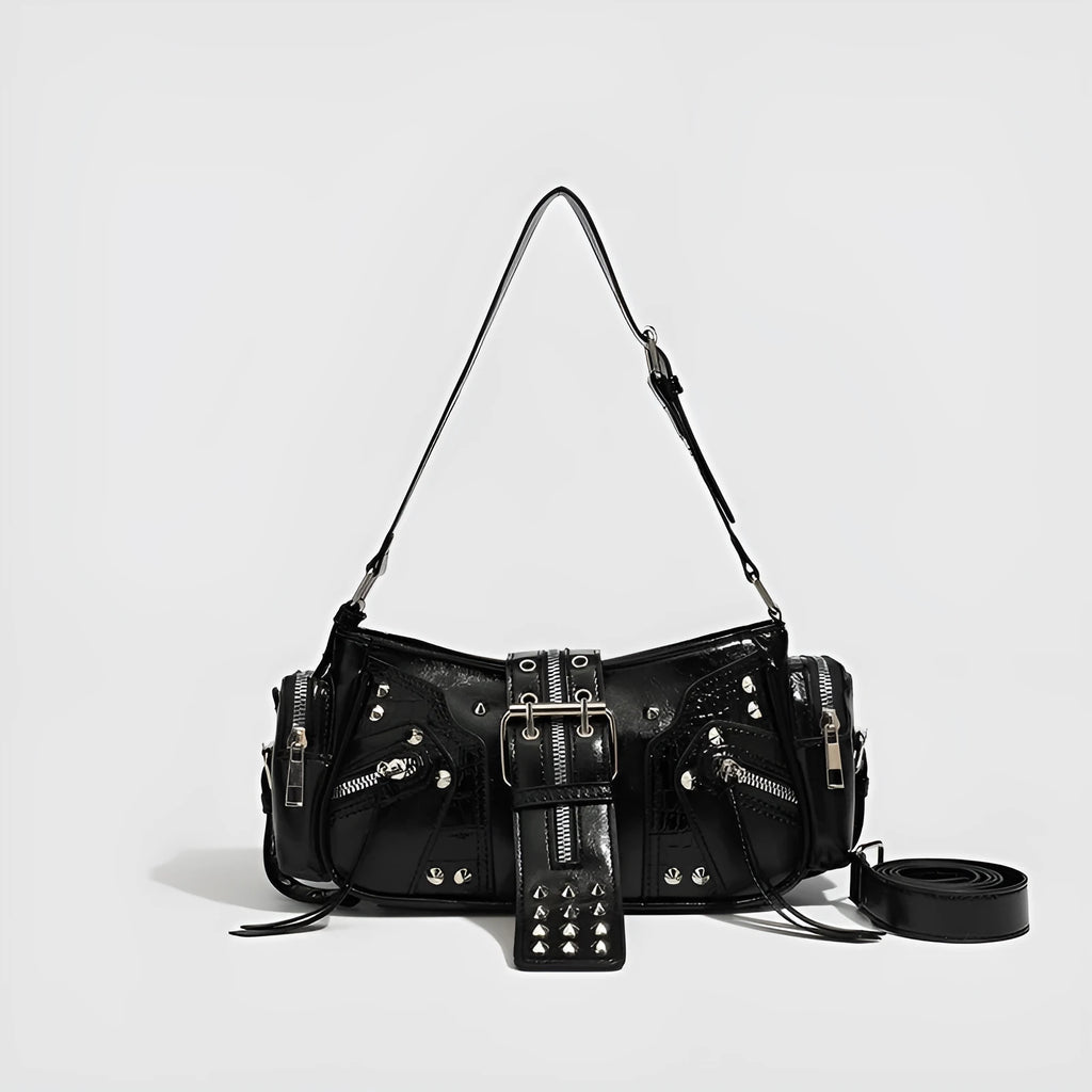 Black retro-style dumpling handbag with three-dimensional pockets and multiple interior organisers
