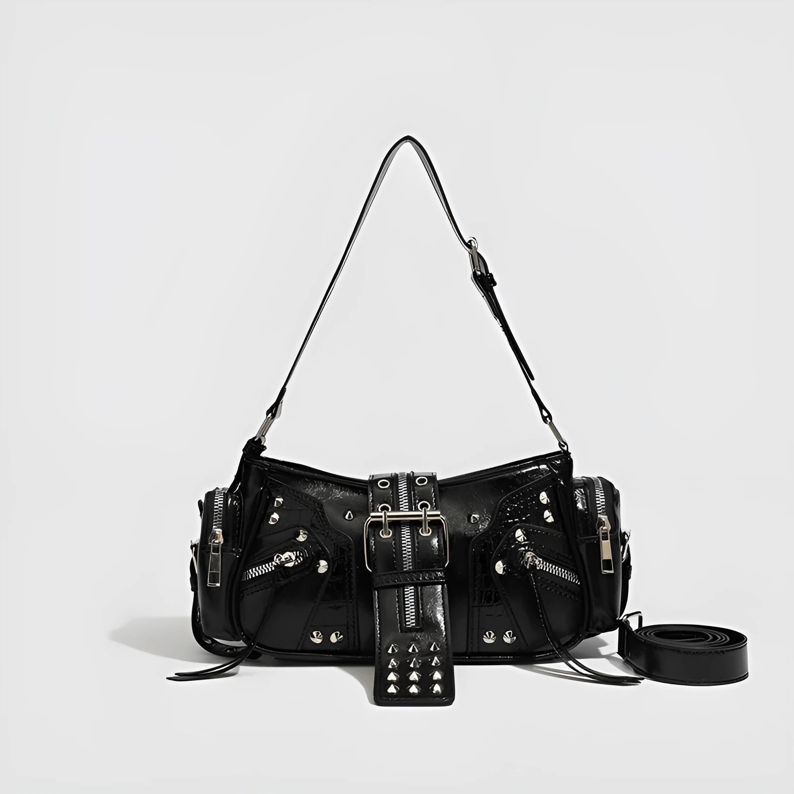 Black retro-style dumpling handbag with three-dimensional pockets and multiple interior organisers