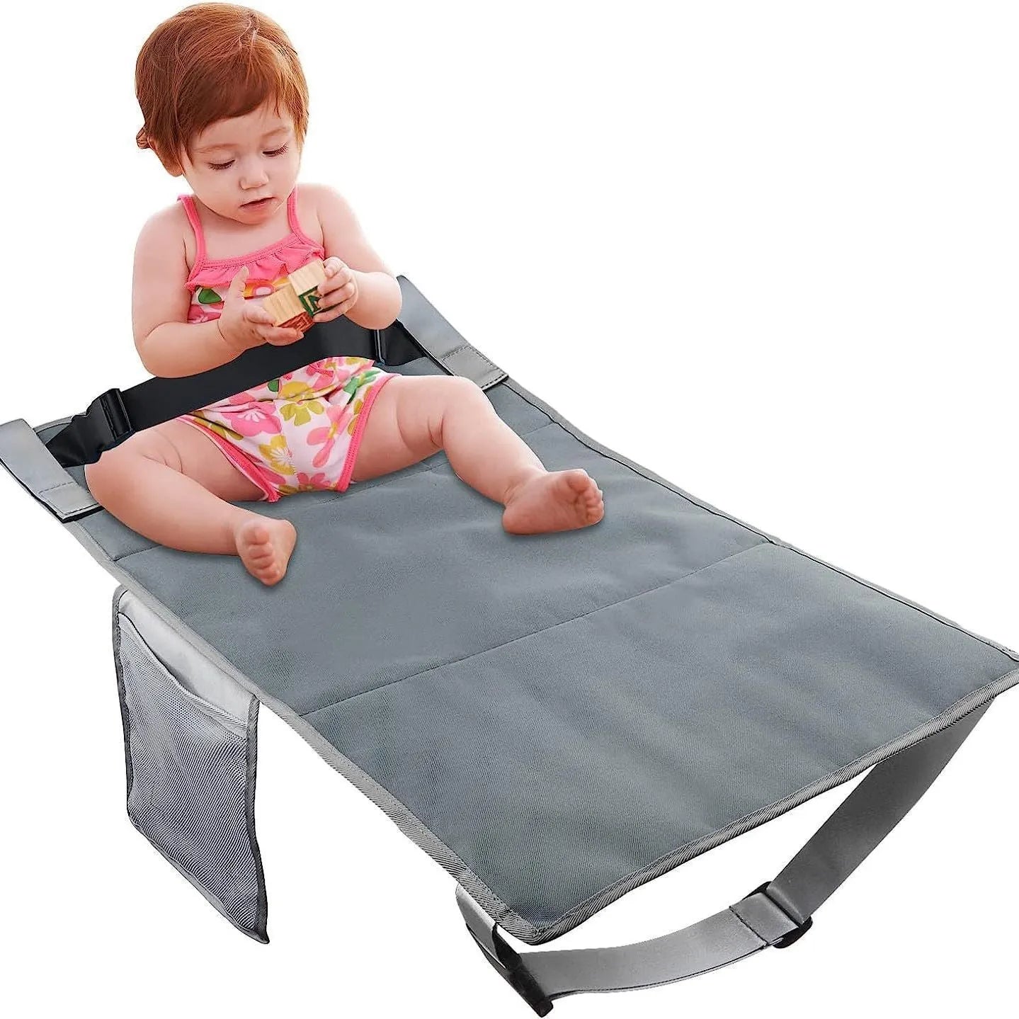Blue children's aircraft seat extender with pedal support and drawstring storage pocket