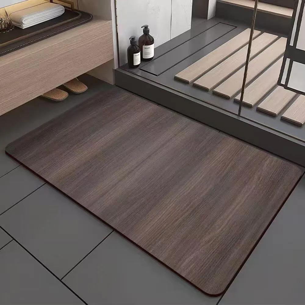 American style square diatom ooze floor mat with wood grain geometric pattern, shown in a bathroom setting.