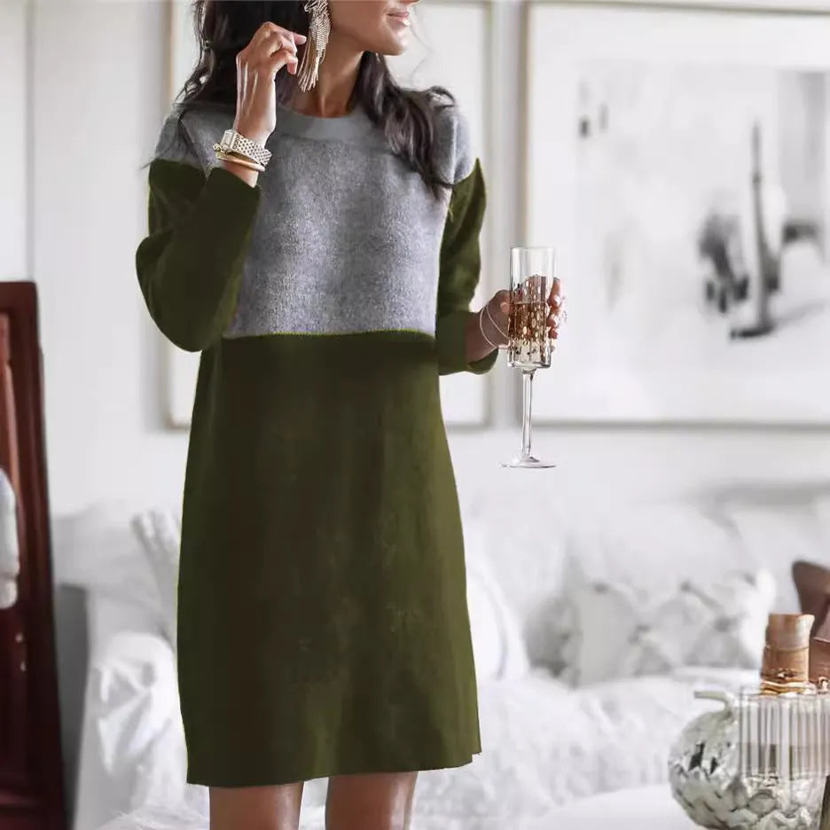 Brown women's loose long sleeve patchwork skirt dress with round neck and retro collage detailing.