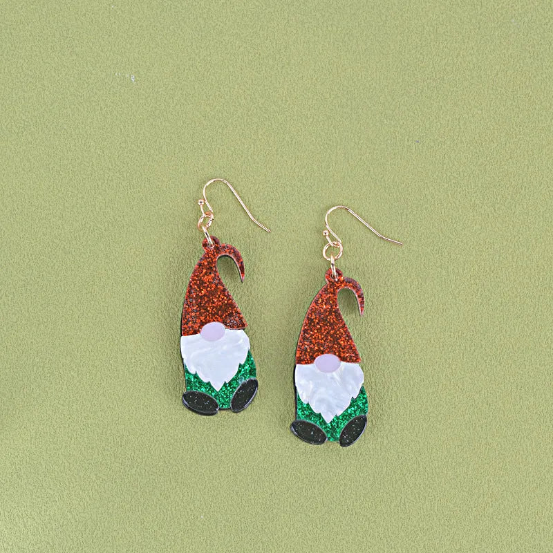 Santa Claus character acrylic earrings in green, red, and red-green hat colour variations