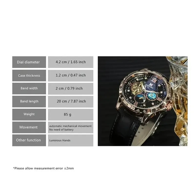 Men's automatic watch with black hollow dial, rose gold case, and leather strap