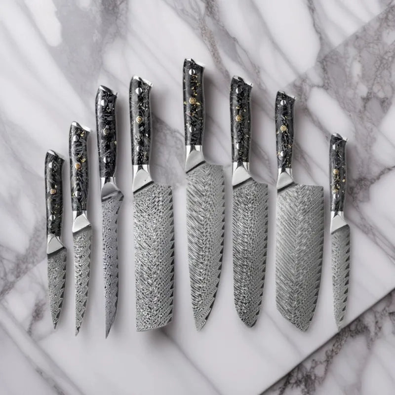 Eight-piece Damascus style kitchen knife set with fishbone pattern and steel core including fruit steak and chef knives