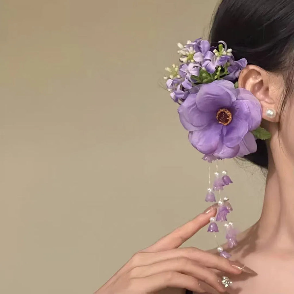 Yellow flower tassel hair accessory clip with manual craft floral decoration