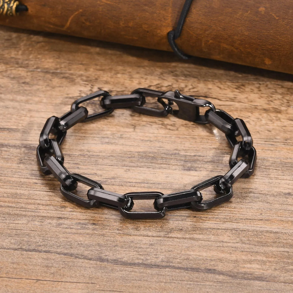 Men's simple square chain titanium steel bracelet in gold finish with clasp.