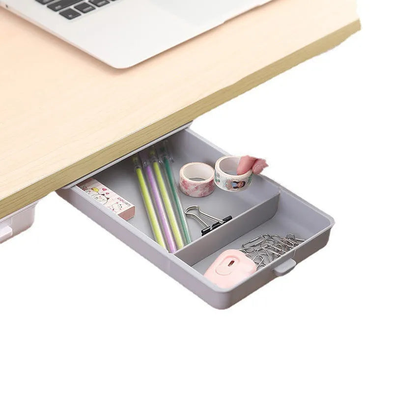 Small plastic under-table storage box with covered grid design in solid colour options for desk organization