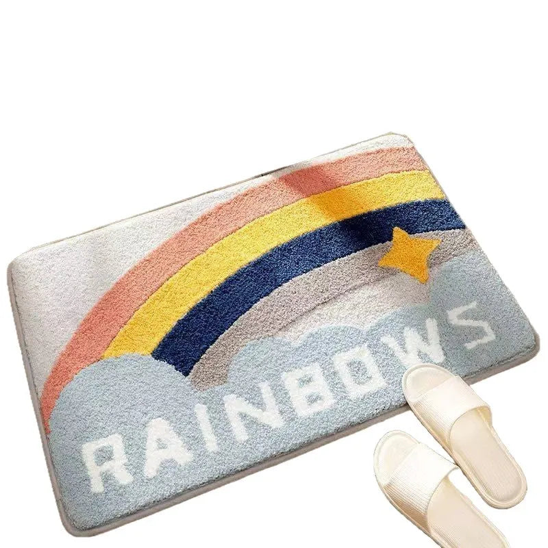 Square rainbow pattern floor mat with blue and colourful design on polyester with plastic bottom
