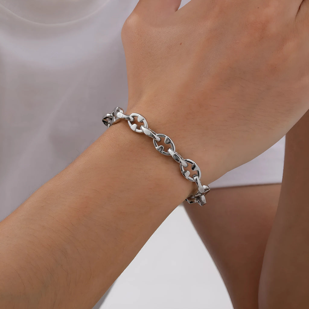 Men's thick stainless steel handmade chain bracelet in steel colour with geometric links