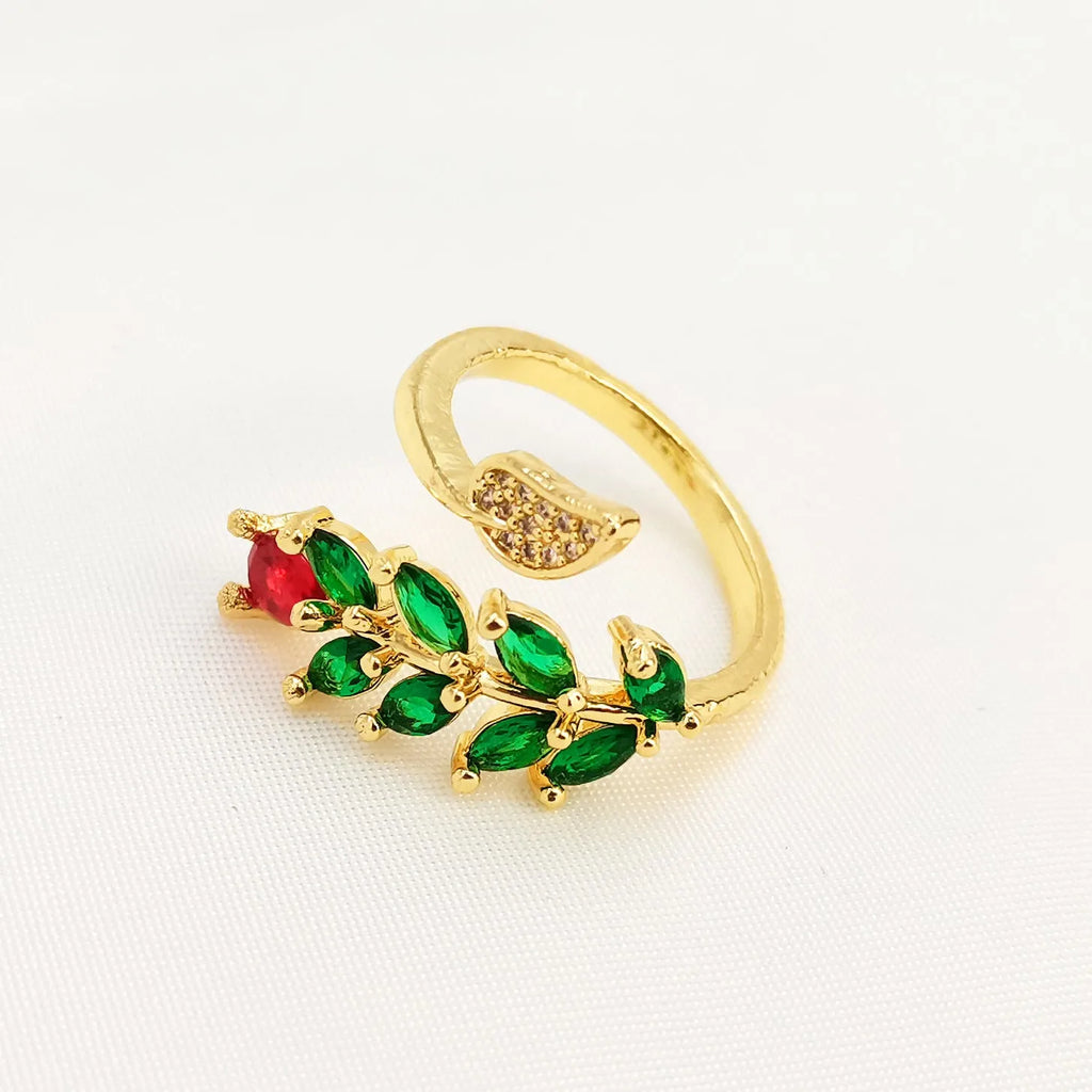 Copper geometric open ring with micro-inlaid zircon leaf pattern in national style design