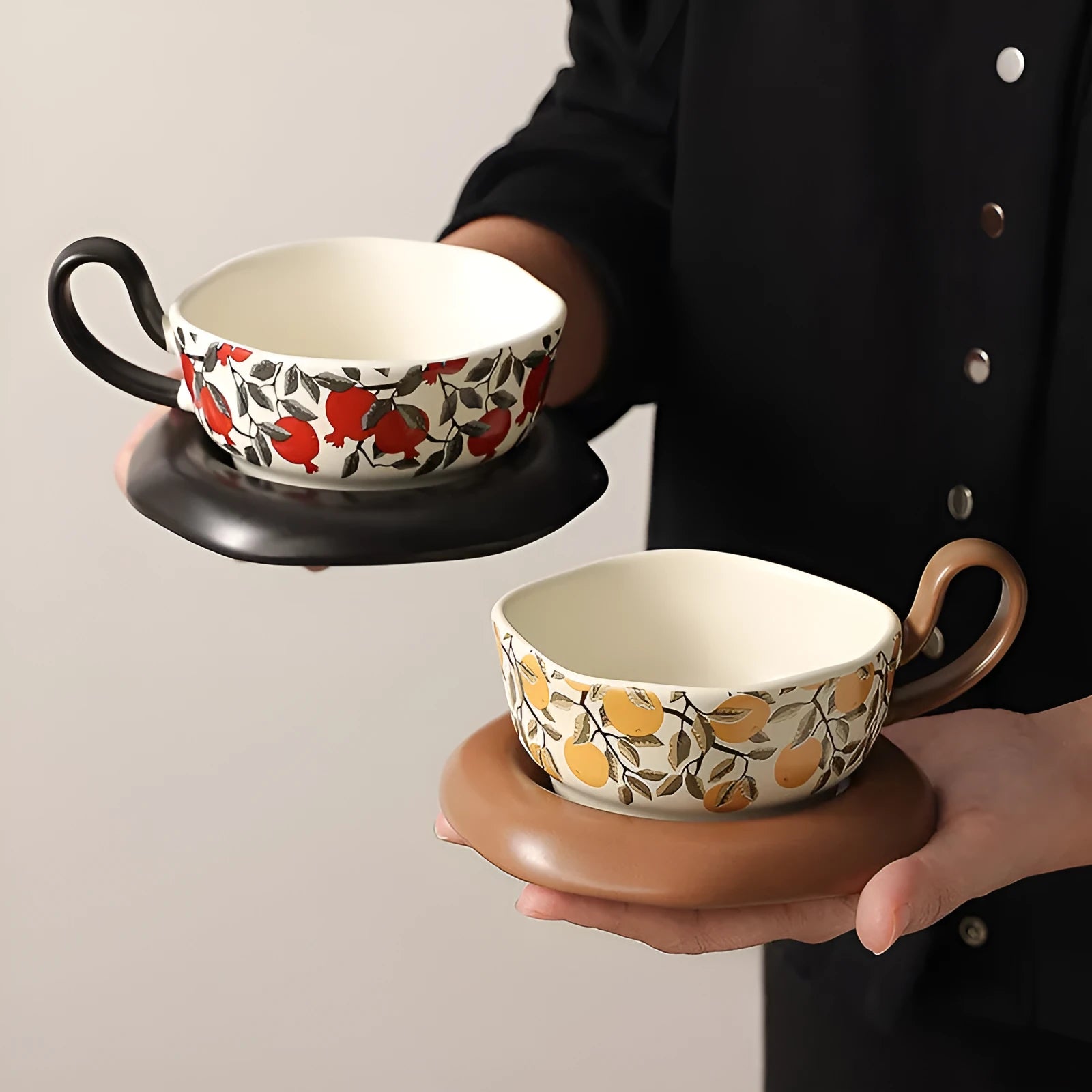 Antique style ceramic coffee cup and saucer set with 210ml capacity in retro Medieval colours