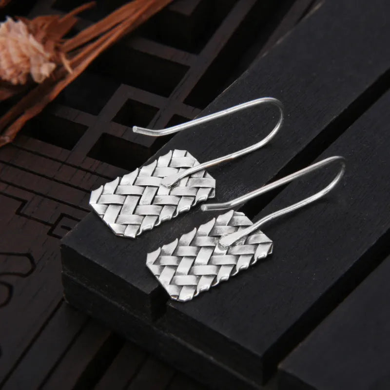Women's geometric diamond-pattern plaid earrings in 925 silver measuring 17.5mm length