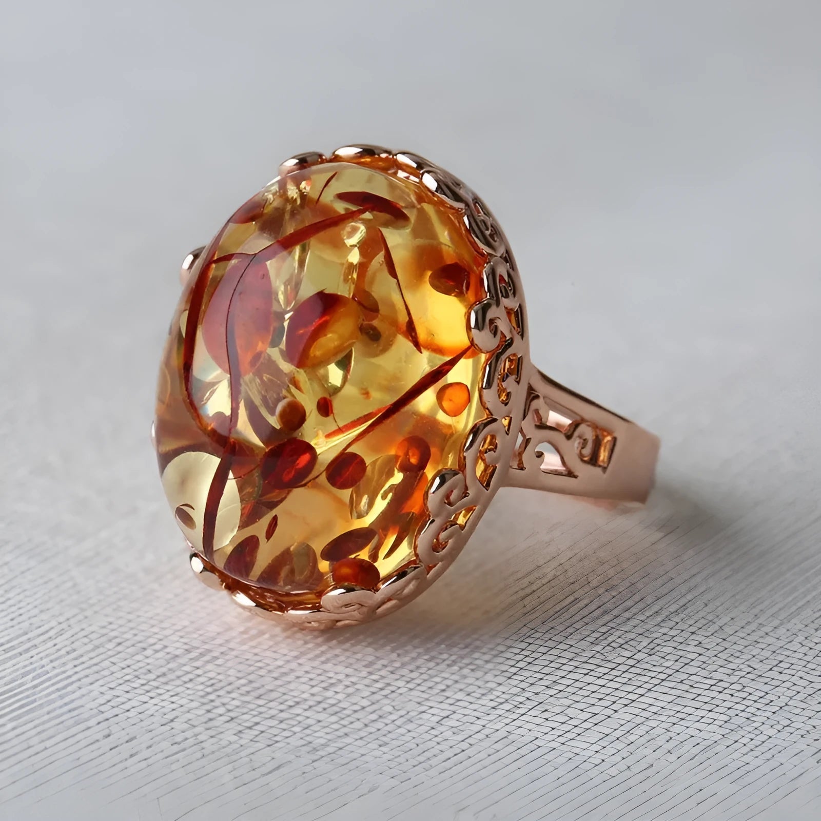 Retro ethnic style amber ring with New Amber Type A stone and alloy band for men and women