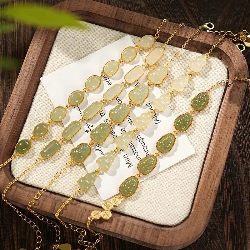 S925 silver Hetian jade gradient bracelet with natural stone in geometric style for women