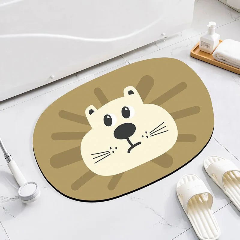 Colourful cartoon animal diatomite absorbent bathroom mat in alien shape on tiled floor.