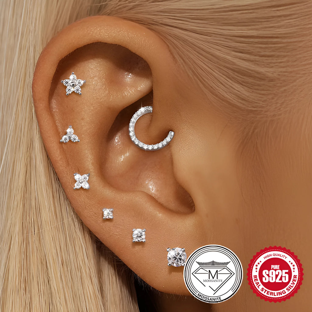 S925 sterling silver geometric petal stud earrings with platinum finish showing diamond in debris design