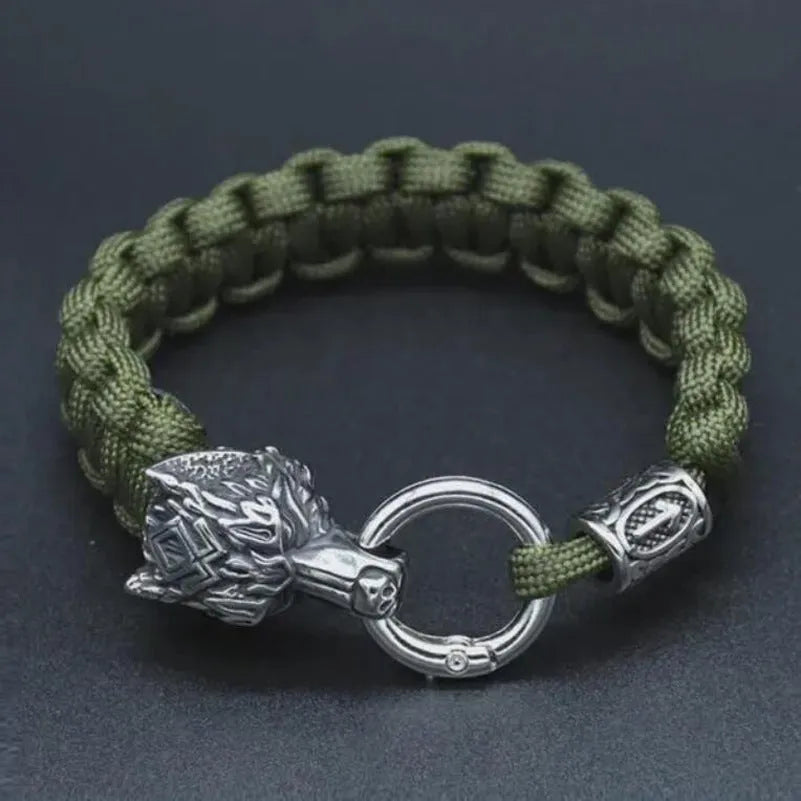 Handmade titanium steel wolf head bracelet with camouflage colour finish showing polished surface detail