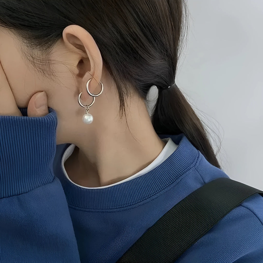 Geometric alloy pearl earrings with titanium steel posts and round pearl drops
