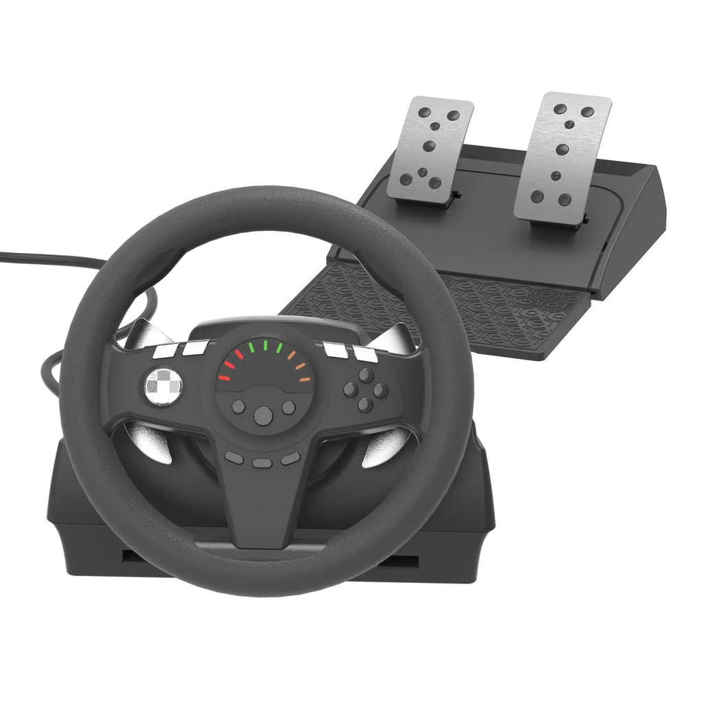 Black multi-platform gaming steering wheel with two pedals and mounting bracket for PC and consoles