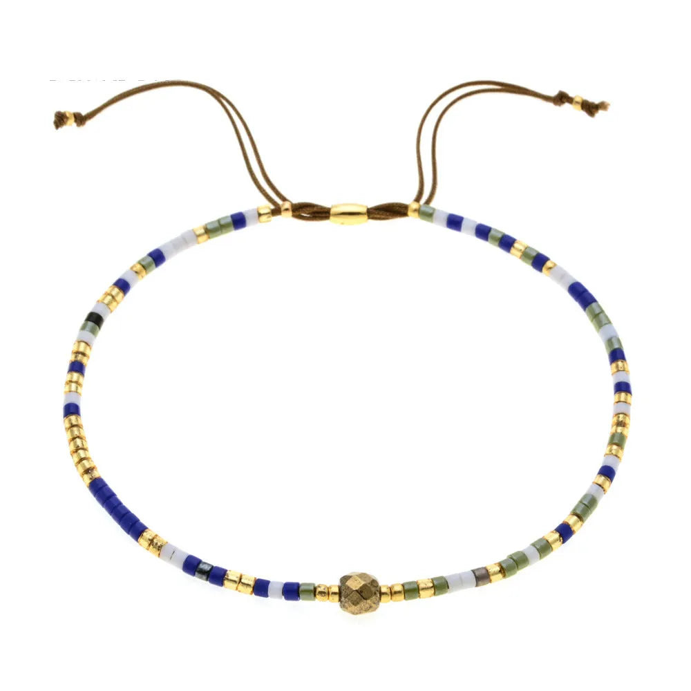 Handmade colourful Bohemian bracelet with geometric glass and coloured glaze beads in various colour options