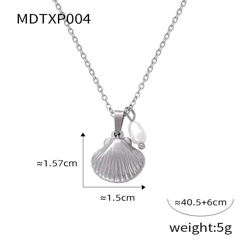 French vintage shell jeweled pendant necklace with titanium steel chain and freshwater pearl bead