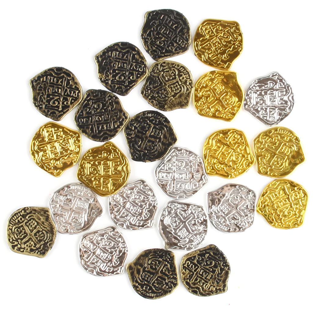 Set of 100 plastic Roman pirate coins with gold, silver, or bronze electroplated finish.
