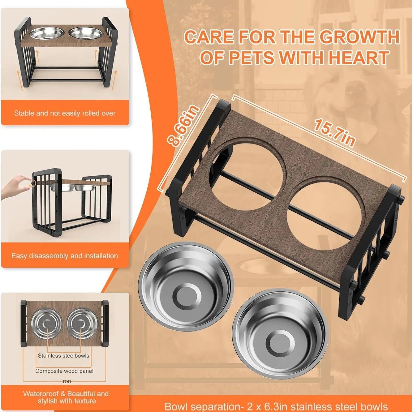 Black wooden dog bowl stand with non-slip base, holding a food and water bowl.