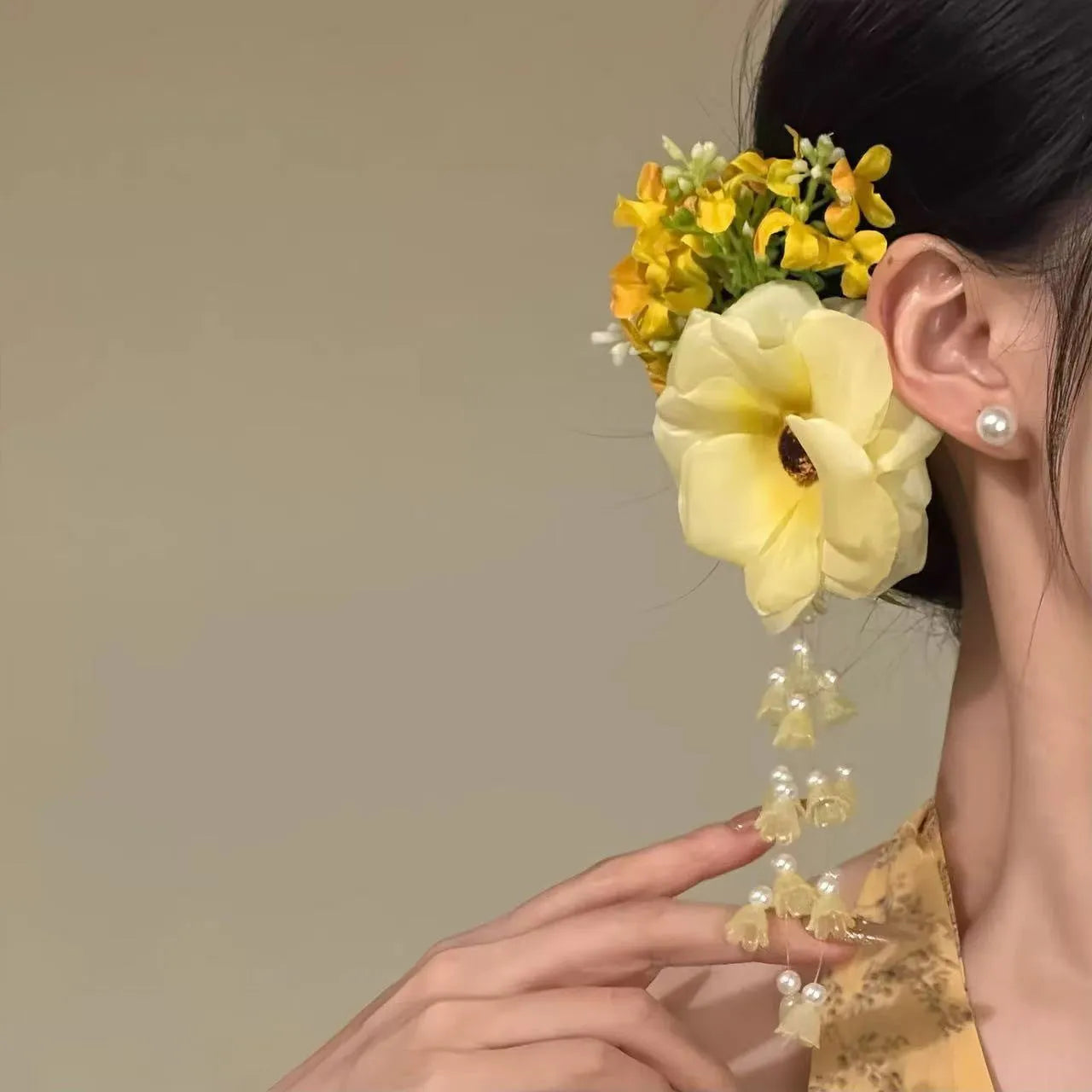 Yellow flower tassel hair accessory clip with manual craft floral decoration