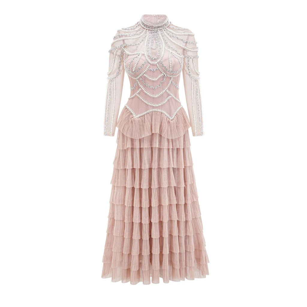 Women's long sleeve beaded dress in polyester fabric with mid waist design
