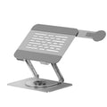 Silver carbon steel laptop stand with 360-degree rotation and side magnetic phone holder for 17-inch laptops