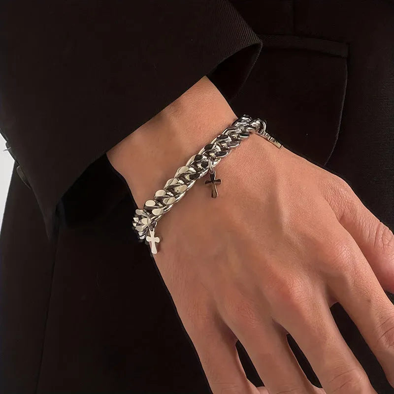Men's titanium steel geometric bracelet with cross design and cold wind style finish