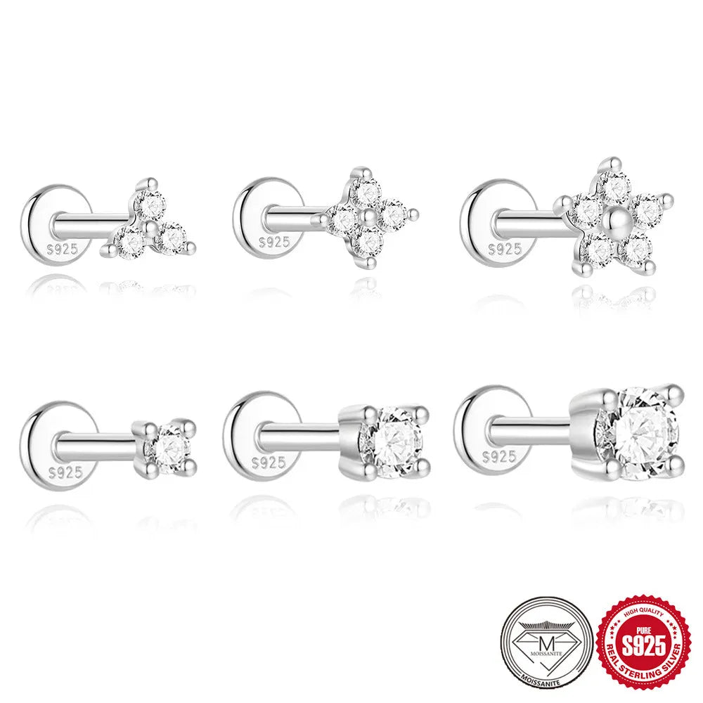 S925 sterling silver geometric petal stud earrings with platinum finish showing diamond in debris design