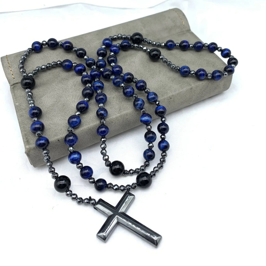 Men's cross pendant necklace with hand-woven stone geometric design on ball bead chain