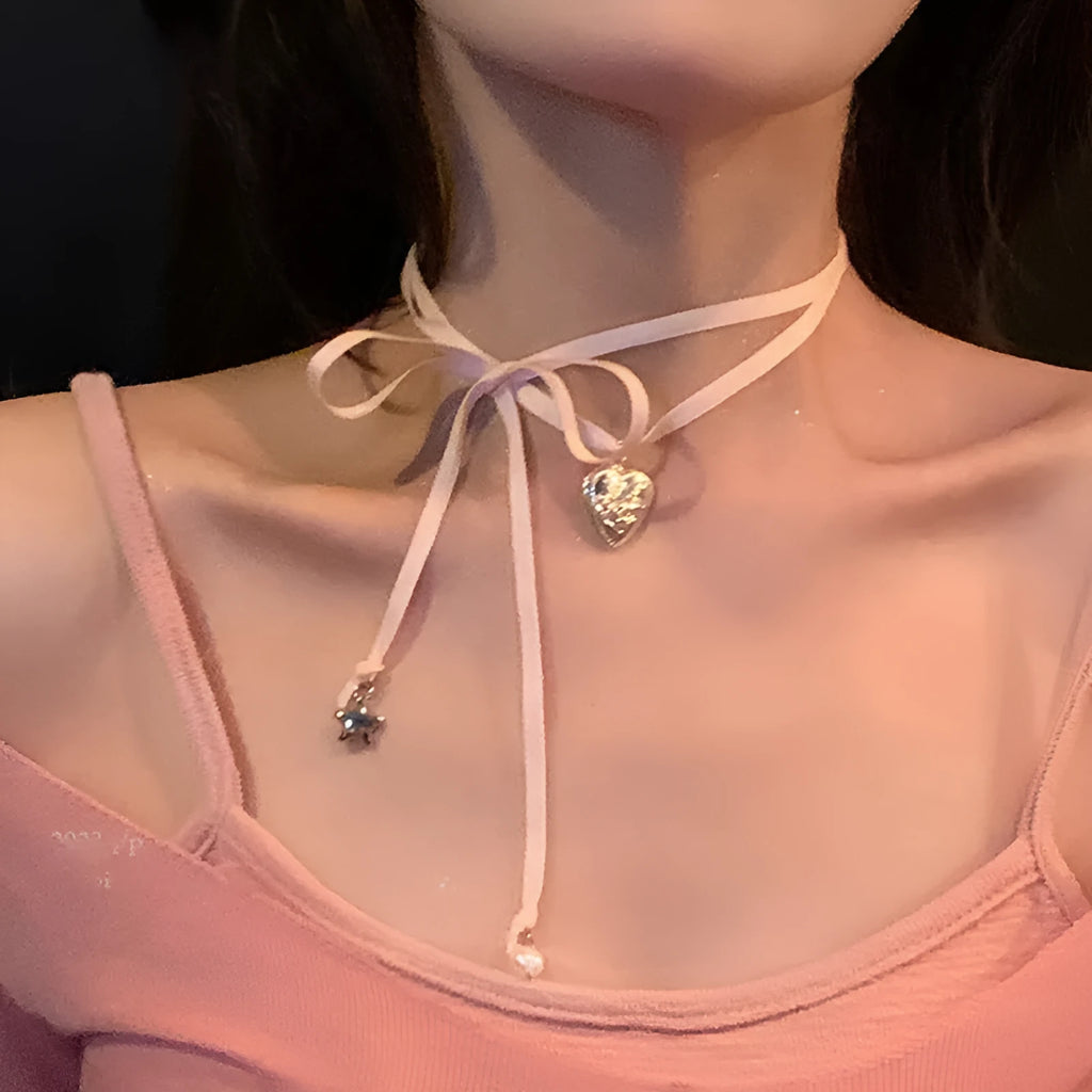 Women's alloy ribbon love pendant necklace on a 40 cm clavicle chain