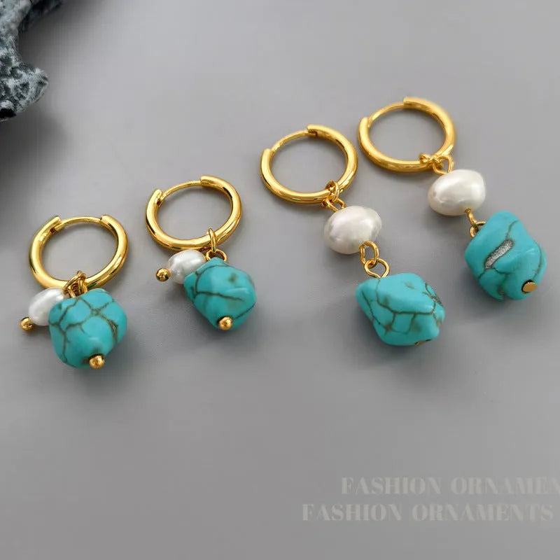 Geometric copper ear clip earrings with irregular turquoise stones and cultured pearls in long and short styles