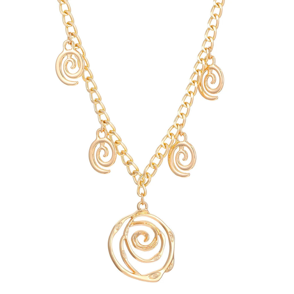 Gold tone donut spiral necklace, bracelet, and earrings set on a white background.