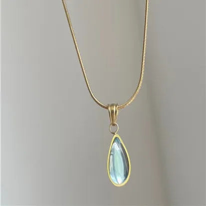 Retro water drop necklace with blue gemstone pendant on titanium steel snake bone chain